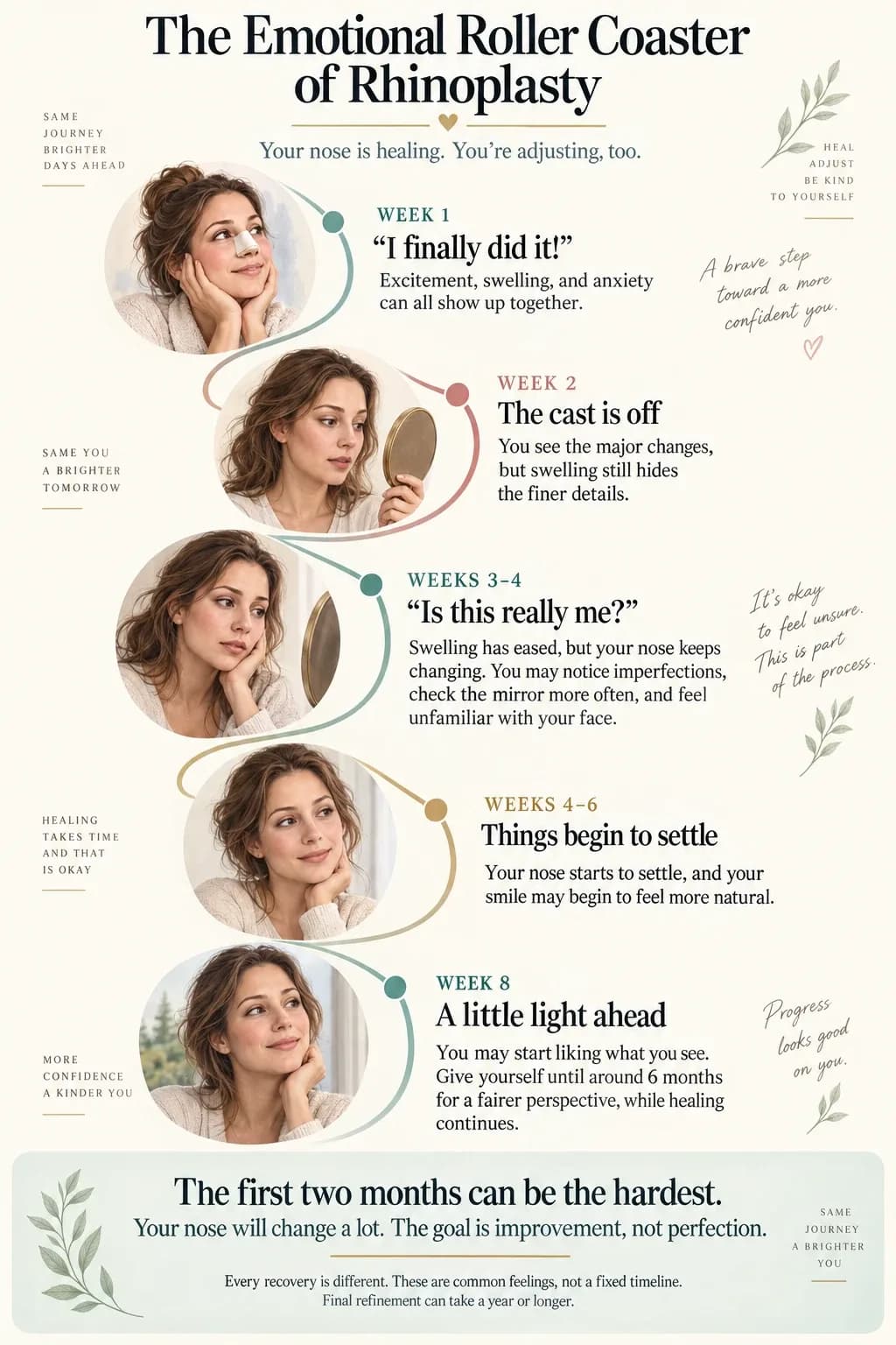 The emotional roller coaster of rhinoplasty, an illustrated timeline. Week 1: I finally did it, when excitement, swelling and anxiety can all show up together. Week 2: the cast is off, you see the major changes but swelling still hides the finer details. Weeks 3 to 4: is this really me, as swelling eases but the nose keeps changing and you check the mirror more often. Weeks 4 to 6: things begin to settle and your smile may feel more natural. Week 8: a little light ahead, you may start liking what you see; give yourself until around six months for a fairer perspective. The first two months can be the hardest, and the goal is improvement. Every recovery is different; final refinement can take a year or longer.